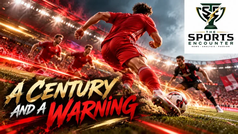 AI-generated editorial illustration of an anonymous player in red celebrating a soccer goal, created for Bundesliga coverage. The unchanged official TSE logo appears at top right.