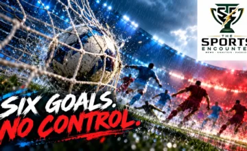 AI-generated editorial illustration of a soccer goal net with blue- and red-shirted player silhouettes for Serie A coverage. Official TSE logo at top right.