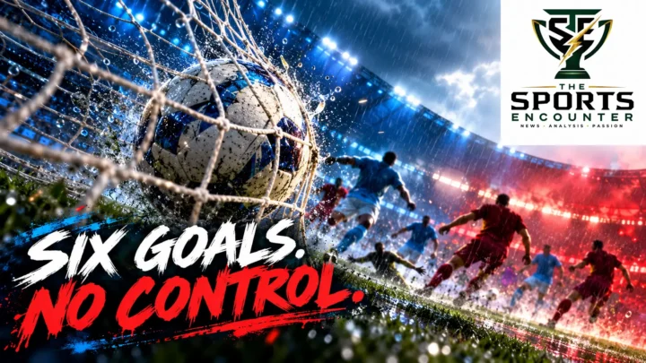 AI-generated editorial illustration of a soccer goal net with blue- and red-shirted player silhouettes for Serie A coverage. Official TSE logo at top right.