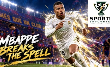 AI-generated editorial illustration of Kylian Mbappé celebrating in a white number 10 uniform for El Clásico coverage. Official TSE logo at top right.