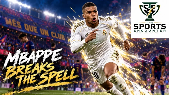 AI-generated editorial illustration of Kylian Mbappé celebrating in a white number 10 uniform for El Clásico coverage. Official TSE logo at top right.