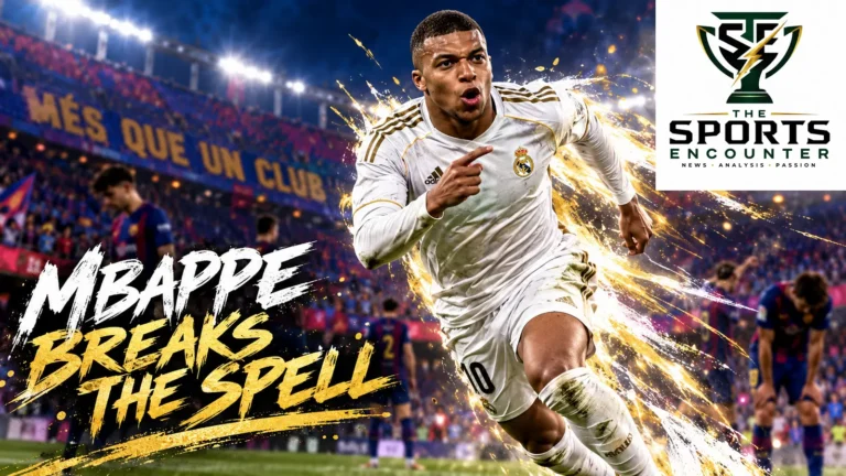 AI-generated editorial illustration of Kylian Mbappé celebrating in a white number 10 uniform for El Clásico coverage. Official TSE logo at top right.