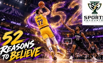 AI editorial illustration of Luka Doncic taking a jump shot in a gold Lakers uniform, with a 52 motif and the official TSE logo