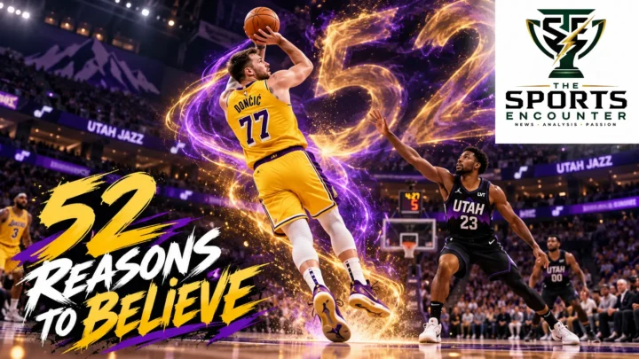 AI editorial illustration of Luka Doncic taking a jump shot in a gold Lakers uniform, with a 52 motif and the official TSE logo