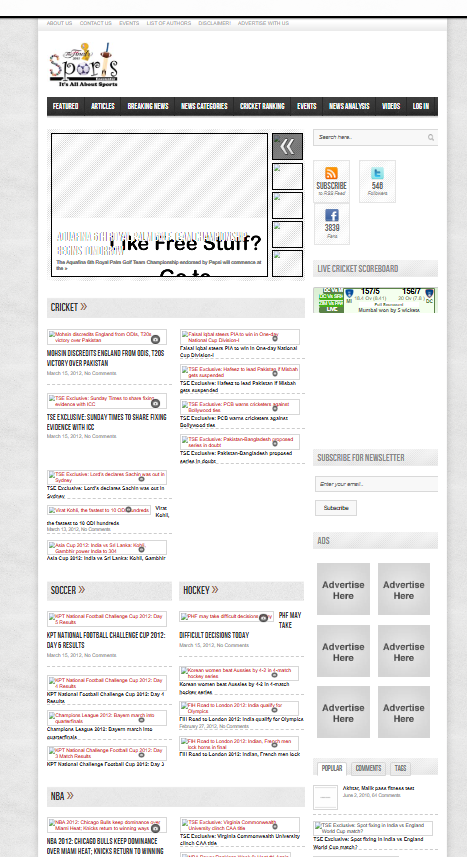 Sports Encounter homepage in March 2012 with several sports sections and a cricket scoreboard area