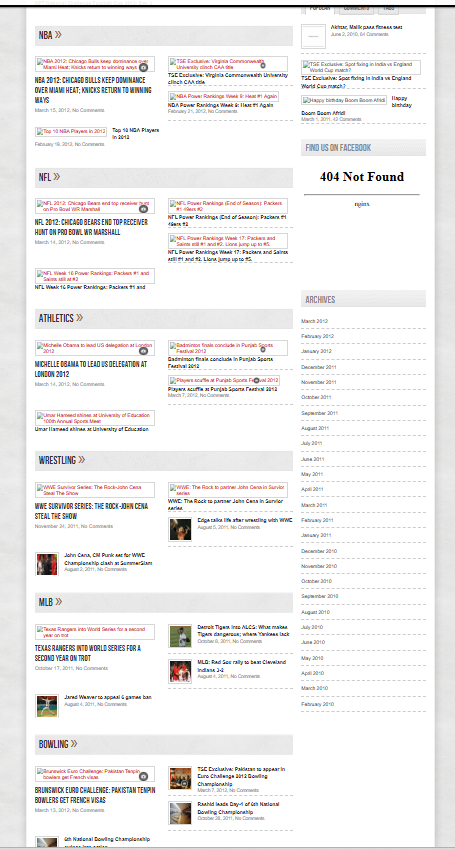 March 2012 homepage showing basketball, American football, athletics, wrestling, and baseball sections