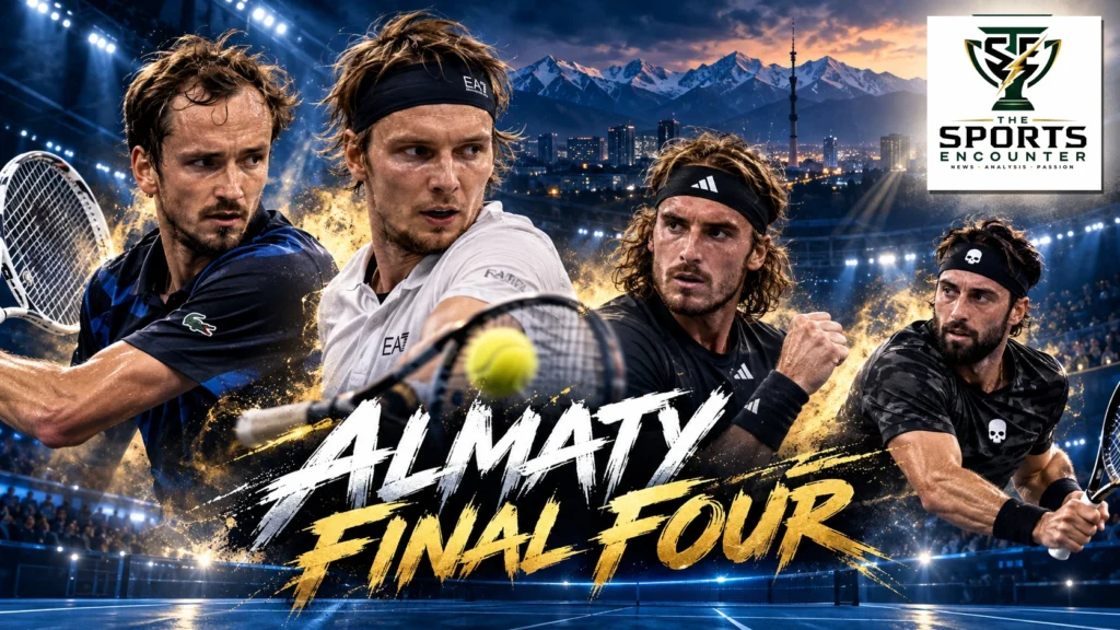 Daniil Medvedev and Alexander Bublik in a cinematic tennis composition ahead of their 2026 Almaty Open semifinal, with Stefanos Tsitsipas and Nikoloz Basilashvili also featured.