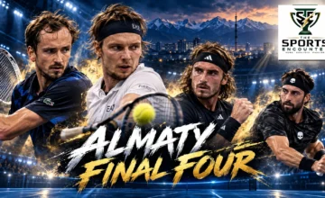 Daniil Medvedev and Alexander Bublik in a cinematic tennis composition ahead of their 2026 Almaty Open semifinal, with Stefanos Tsitsipas and Nikoloz Basilashvili also featured.
