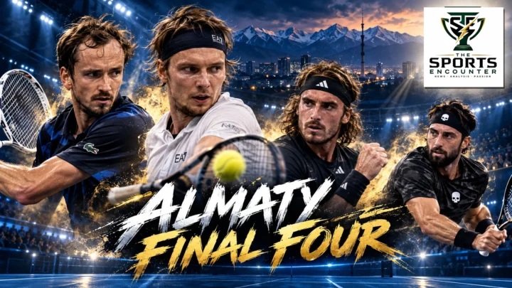Daniil Medvedev and Alexander Bublik in a cinematic tennis composition ahead of their 2026 Almaty Open semifinal, with Stefanos Tsitsipas and Nikoloz Basilashvili also featured.