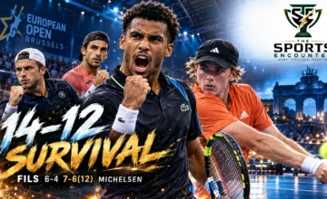 Proposed cinematic illustration of Arthur Fils competing against Alex Michelsen at the 2026 European Open in Brussels, with Griekspoor and Cerúndolo representing the other quarterfinal victories.