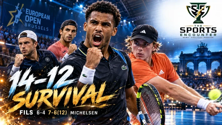 Proposed cinematic illustration of Arthur Fils competing against Alex Michelsen at the 2026 European Open in Brussels, with Griekspoor and Cerúndolo representing the other quarterfinal victories.