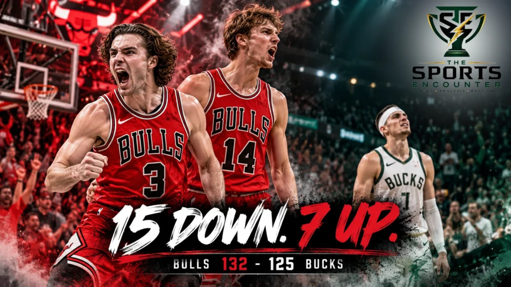 Cinematic illustration of Chicago Bulls players celebrating a 132-125 comeback victory over the Milwaukee Bucks at Fiserv Forum on October 23, 2026.