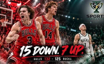 Cinematic illustration of Chicago Bulls players celebrating a 132-125 comeback victory over the Milwaukee Bucks at Fiserv Forum on October 23, 2026.