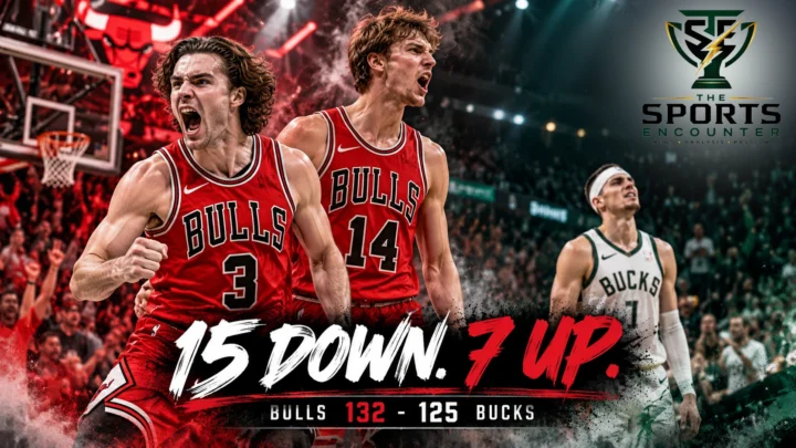 Cinematic illustration of Chicago Bulls players celebrating a 132-125 comeback victory over the Milwaukee Bucks at Fiserv Forum on October 23, 2026.