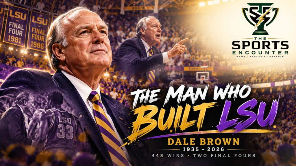 Archival-style tribute portrait of former LSU basketball coach Dale Brown, remembered for 448 victories, two NCAA Final Four appearances and mentoring Shaquille O'Neal.