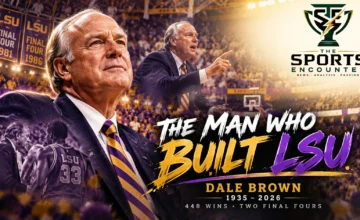 Archival-style tribute portrait of former LSU basketball coach Dale Brown, remembered for 448 victories, two NCAA Final Four appearances and mentoring Shaquille O'Neal.