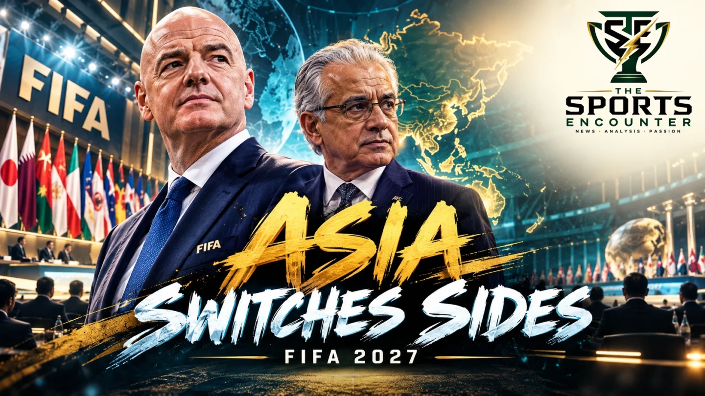 Editorial illustration of FIFA President Gianni Infantino and AFC President Sheikh Salman at the October 2026 Tokyo congress, highlighting Asia's endorsement ahead of the 2027 FIFA election.