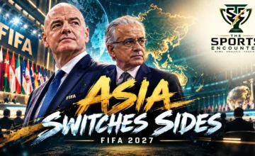 Editorial illustration of FIFA President Gianni Infantino and AFC President Sheikh Salman at the October 2026 Tokyo congress, highlighting Asia's endorsement ahead of the 2027 FIFA election.