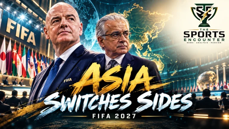 Editorial illustration of FIFA President Gianni Infantino and AFC President Sheikh Salman at the October 2026 Tokyo congress, highlighting Asia's endorsement ahead of the 2027 FIFA election.