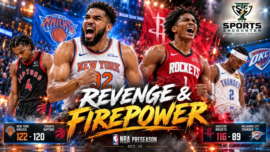 Cinematic NBA preseason graphic featuring Karl-Anthony Towns celebrating the New York Knicks’ 122-120 victory over the Toronto Raptors, alongside Houston Rockets and Oklahoma City Thunder players, highlighting Houston’s 116-89 win on October 15, 2026.