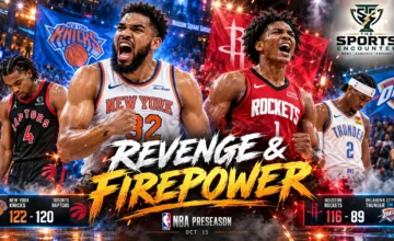 Cinematic NBA preseason graphic featuring Karl-Anthony Towns celebrating the New York Knicks’ 122-120 victory over the Toronto Raptors, alongside Houston Rockets and Oklahoma City Thunder players, highlighting Houston’s 116-89 win on October 15, 2026.