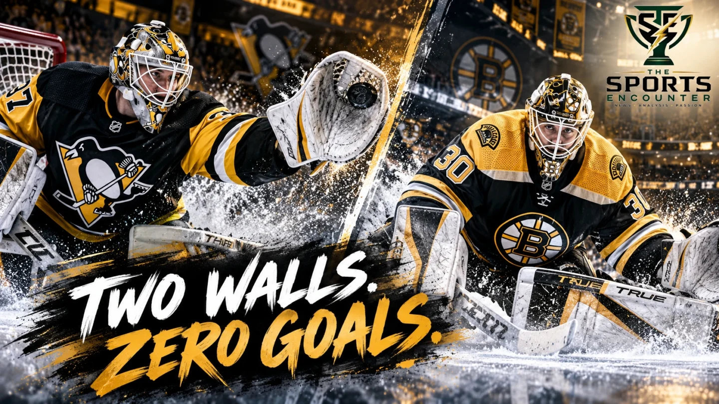 Proposed split-scene NHL illustration featuring Pittsburgh Penguins goaltender Arturs Silovs and Boston Bruins goaltender Michael DiPietro celebrating their October 22, 2026 shutout victories.