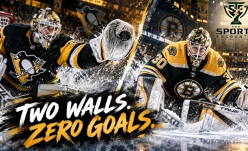 Proposed split-scene NHL illustration featuring Pittsburgh Penguins goaltender Arturs Silovs and Boston Bruins goaltender Michael DiPietro celebrating their October 22, 2026 shutout victories.