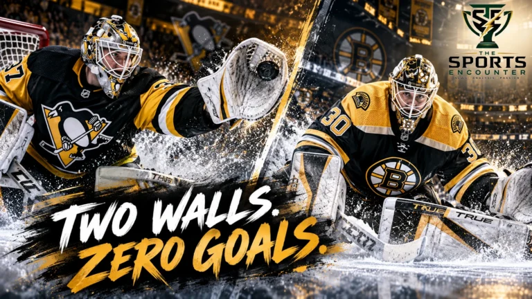 Proposed split-scene NHL illustration featuring Pittsburgh Penguins goaltender Arturs Silovs and Boston Bruins goaltender Michael DiPietro celebrating their October 22, 2026 shutout victories.
