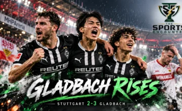 Proposed editorial illustration of Joe Scally, Shuto Machino and Wael Mohya celebrating Borussia Mönchengladbach's 3-2 victory over Stuttgart at the MHPArena on October 23, 2026.