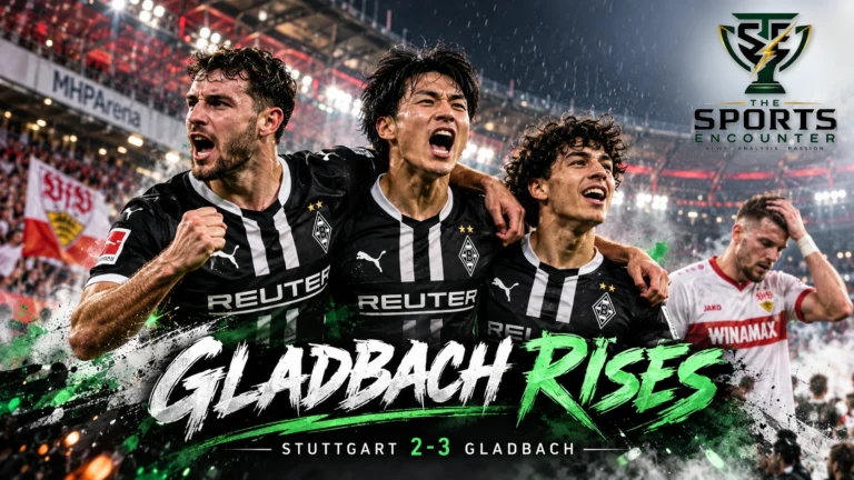 Proposed editorial illustration of Joe Scally, Shuto Machino and Wael Mohya celebrating Borussia Mönchengladbach's 3-2 victory over Stuttgart at the MHPArena on October 23, 2026.