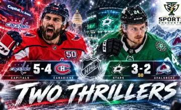 Alex Tuch celebrating for the Washington Capitals alongside Roope Hintz of the Dallas Stars in a composite graphic showing their October 14, 2026 NHL victories over Montreal and Colorado.