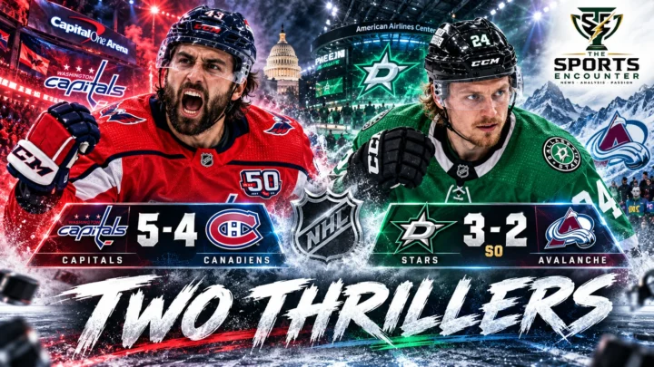 Alex Tuch celebrating for the Washington Capitals alongside Roope Hintz of the Dallas Stars in a composite graphic showing their October 14, 2026 NHL victories over Montreal and Colorado.