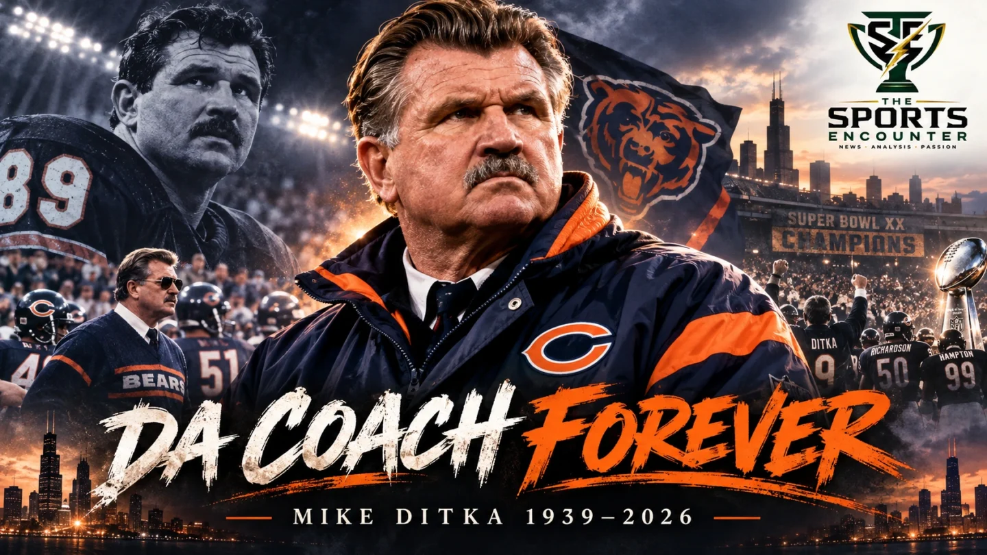 Mike Ditka in his iconic Chicago Bears coaching attire, commemorating the Hall of Fame tight end and Super Bowl XX-winning coach who died in October 2026.