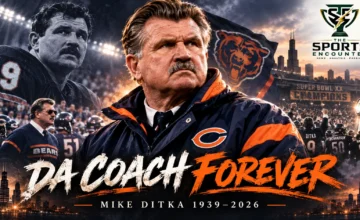 Mike Ditka in his iconic Chicago Bears coaching attire, commemorating the Hall of Fame tight end and Super Bowl XX-winning coach who died in October 2026.