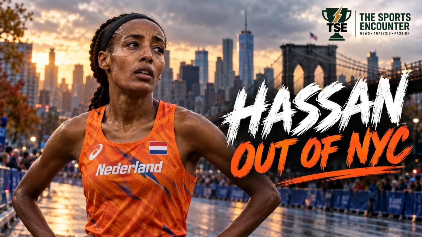 Olympic marathon champion Sifan Hassan in a Netherlands athletics kit against a New York City Marathon backdrop, illustrating her withdrawal from the November 1, 2026 race after illness disrupted her training.