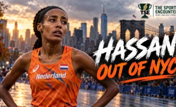 Olympic marathon champion Sifan Hassan in a Netherlands athletics kit against a New York City Marathon backdrop, illustrating her withdrawal from the November 1, 2026 race after illness disrupted her training.