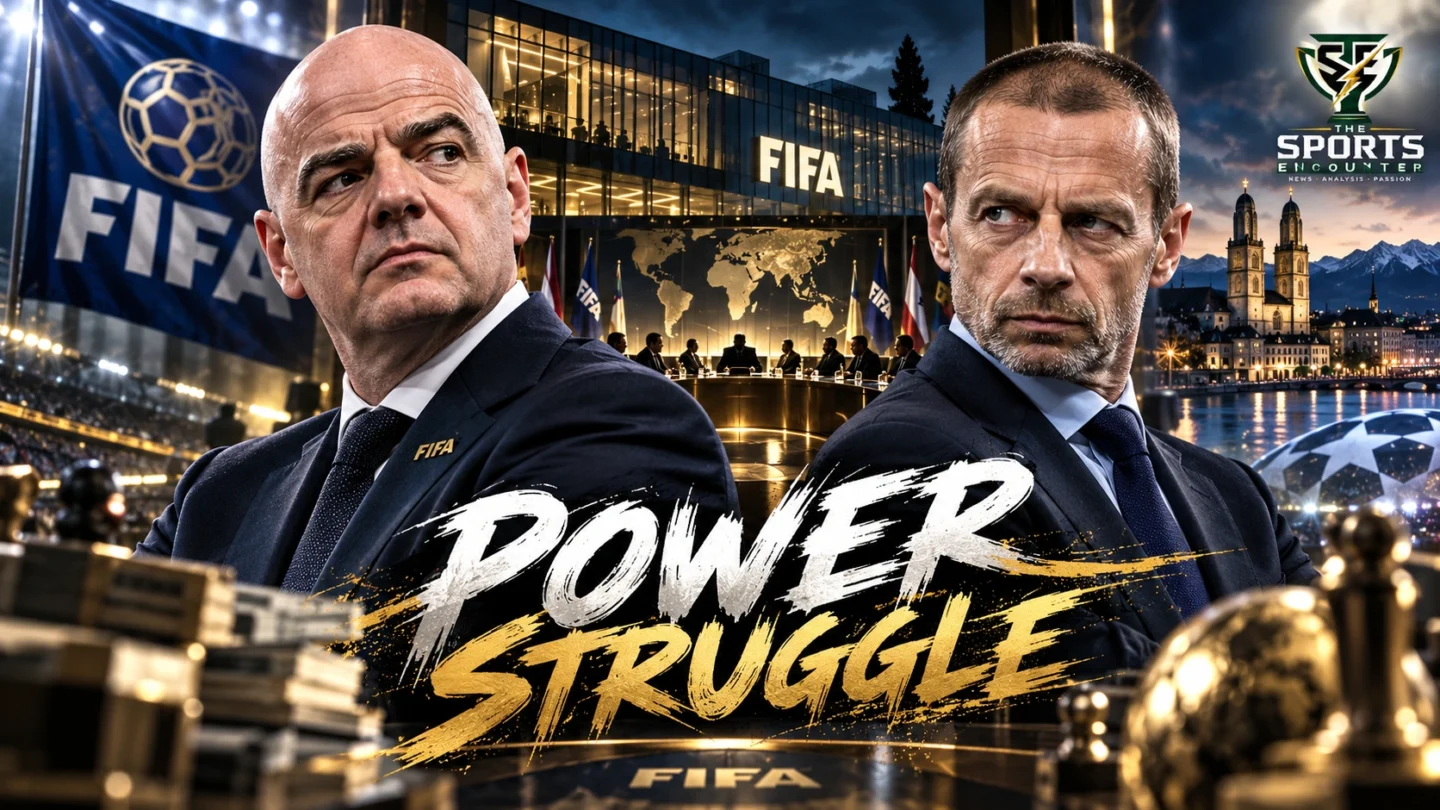 FIFA President Gianni Infantino and UEFA President Aleksander Čeferin against the backdrop of FIFA headquarters in Zurich, illustrating the October 2026 governance confrontation and 2027 presidential election.