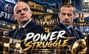 FIFA President Gianni Infantino and UEFA President Aleksander Čeferin against the backdrop of FIFA headquarters in Zurich, illustrating the October 2026 governance confrontation and 2027 presidential election.