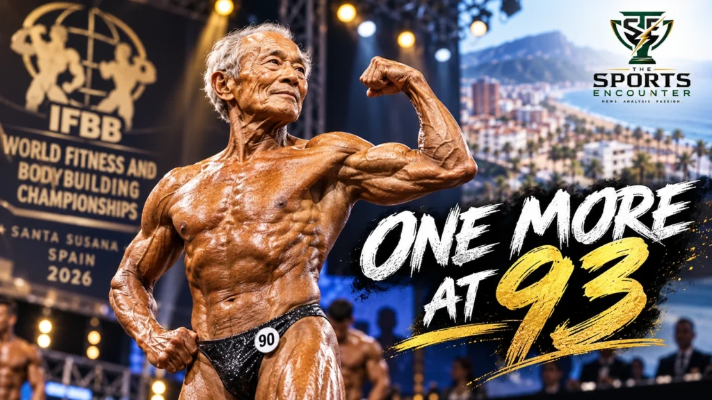 Cinematic illustration of 90-year-old Japanese bodybuilder Toshisuke Kanazawa posing under stage lights at the 2026 IFBB World Fitness and Bodybuilding Championships in Santa Susanna, Spain, with The Sports Encounter's official logo.