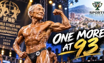 Cinematic illustration of 90-year-old Japanese bodybuilder Toshisuke Kanazawa posing under stage lights at the 2026 IFBB World Fitness and Bodybuilding Championships in Santa Susanna, Spain, with The Sports Encounter's official logo.