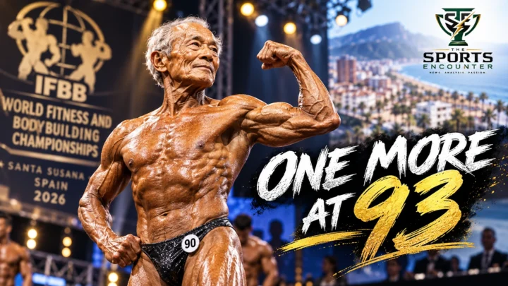 Cinematic illustration of 90-year-old Japanese bodybuilder Toshisuke Kanazawa posing under stage lights at the 2026 IFBB World Fitness and Bodybuilding Championships in Santa Susanna, Spain, with The Sports Encounter's official logo.