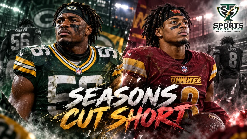 Edgerrin Cooper of the Green Bay Packers and Jaylin Lane of the Washington Commanders after suffering injuries expected to end their 2026 NFL seasons.
