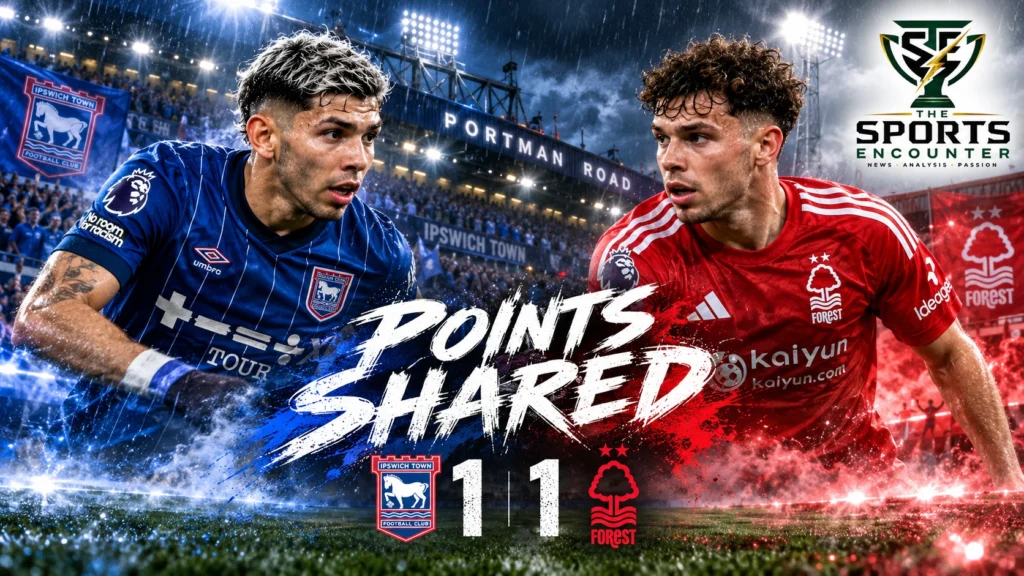 Cinematic illustration of Ipswich Town's Julio Enciso celebrating his equalizer against Nottingham Forest, with Neco Williams and Portman Road featured in the composition.