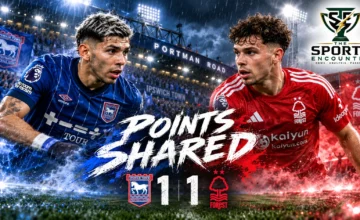 Cinematic illustration of Ipswich Town's Julio Enciso celebrating his equalizer against Nottingham Forest, with Neco Williams and Portman Road featured in the composition.