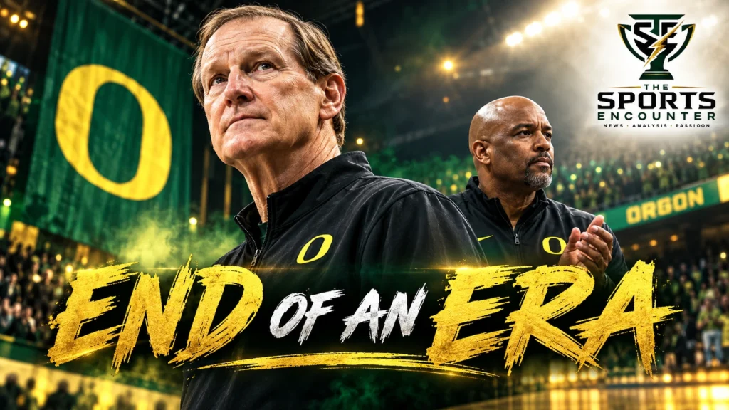 Dana Altman on the Oregon Ducks sideline as Tony Stubblefield prepares to take over the men's basketball program following Altman's retirement.