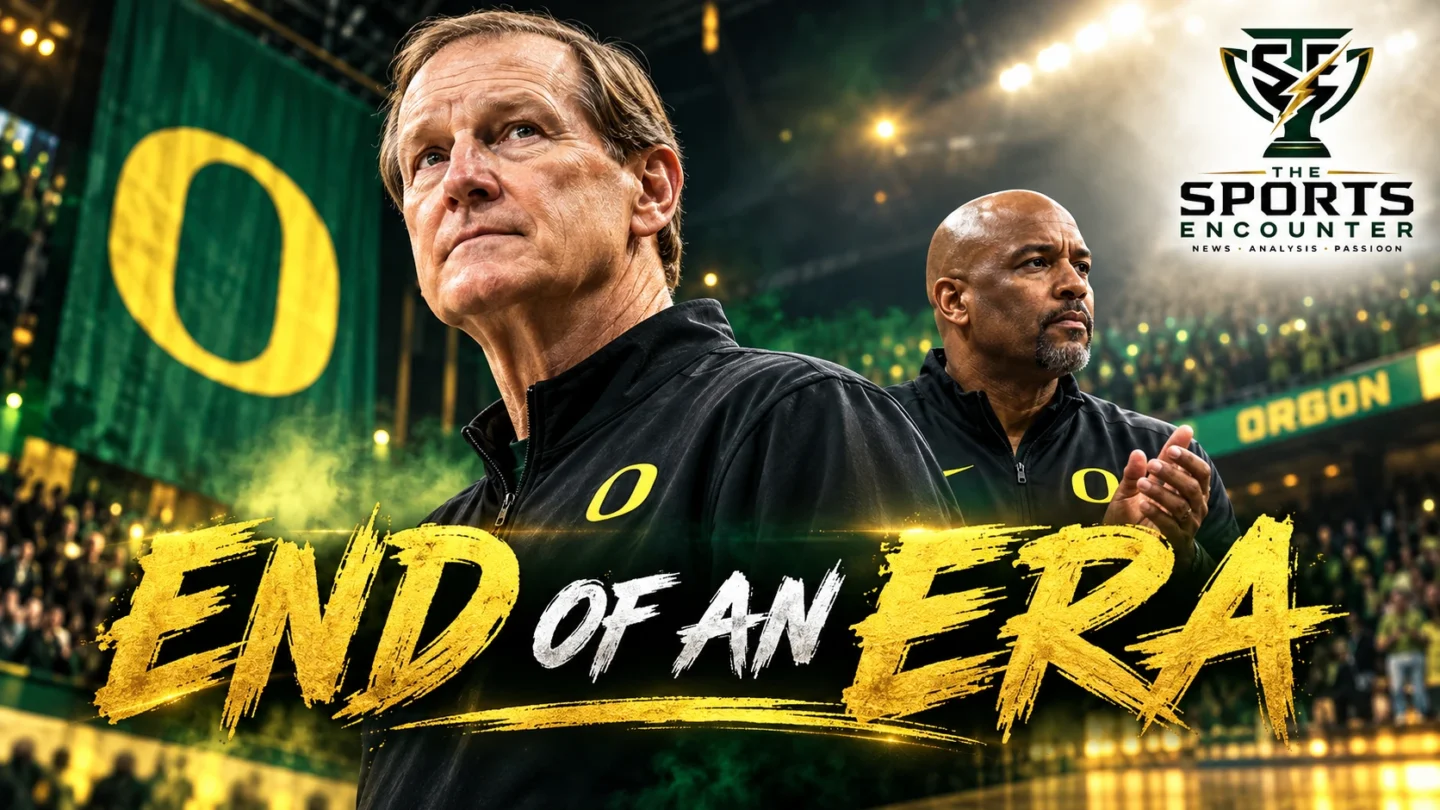 Dana Altman on the Oregon Ducks sideline as Tony Stubblefield prepares to take over the men's basketball program following Altman's retirement.