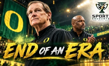 Dana Altman on the Oregon Ducks sideline as Tony Stubblefield prepares to take over the men's basketball program following Altman's retirement.