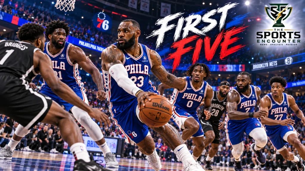 LeBron James in a Philadelphia 76ers uniform alongside Joel Embiid, Tyrese Maxey, Jaylen Brown and VJ Edgecombe for the team's 2026 preseason debut against Brooklyn.