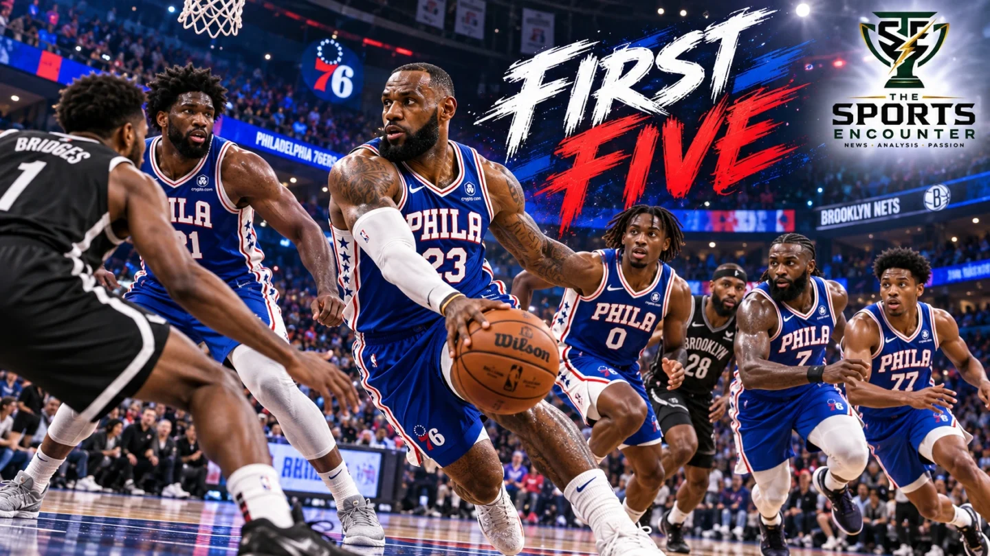 LeBron James in a Philadelphia 76ers uniform alongside Joel Embiid, Tyrese Maxey, Jaylen Brown and VJ Edgecombe for the team's 2026 preseason debut against Brooklyn.