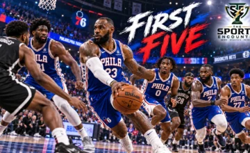 LeBron James in a Philadelphia 76ers uniform alongside Joel Embiid, Tyrese Maxey, Jaylen Brown and VJ Edgecombe for the team's 2026 preseason debut against Brooklyn.